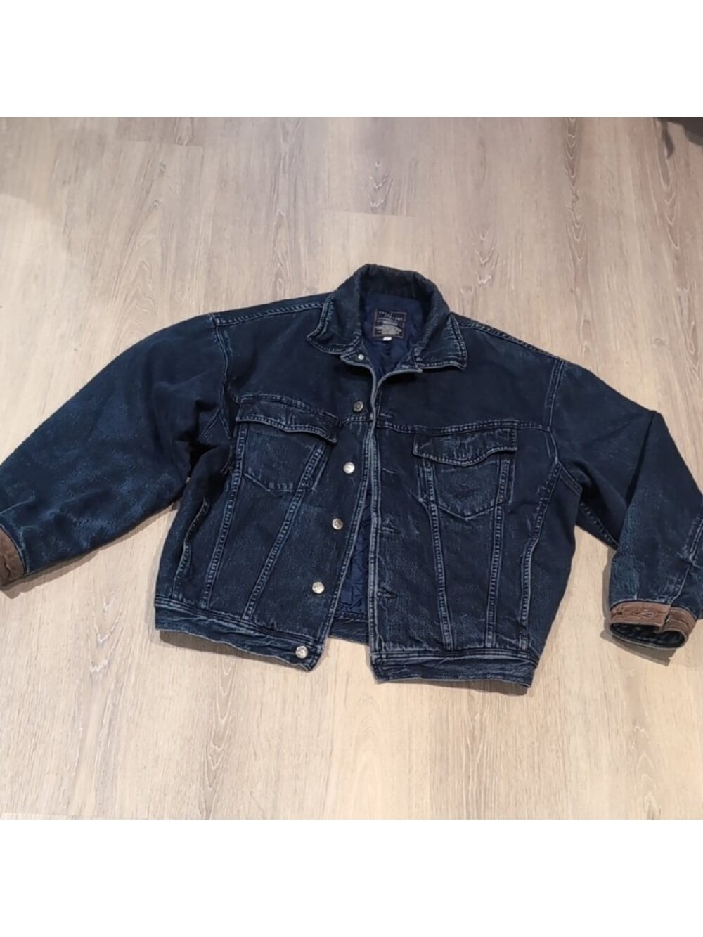 Denim Jean Jacket with Leather Collar Quilted Lining Vintage - Picture 3 of 15